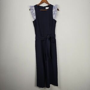 ELIZA J Jumpsuit 6‎ Blue Ruffle Contrast Cap Sleeve Wide Leg Cropped Preppy